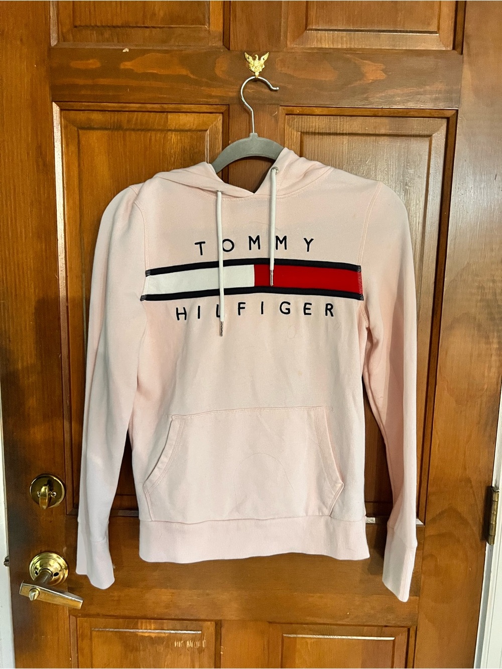 Tommy Hilfiger Light Pink Logo Hoodie with Navy and Red Stripe